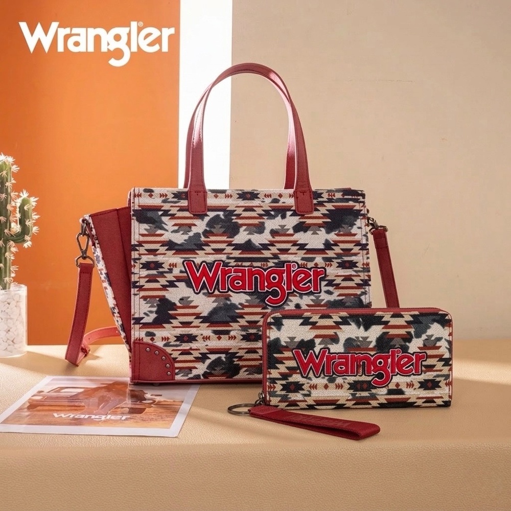 Wrangler Aztec Print Tote/Crossbody + Wallet Red